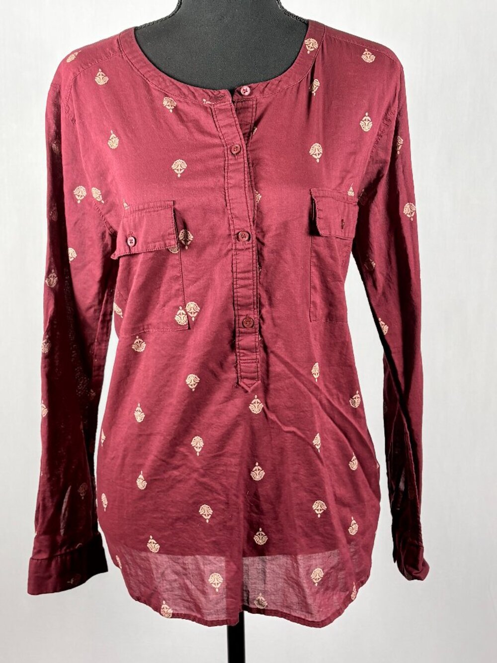 LOFT | Printed Button Front Tunic Blouse | Women’s XL | Burgundy LS